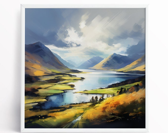 Lake District Landscape Abstract Watercolour Painting Large Wall Art Prints, Lake Extra Large Painting, Wall Art