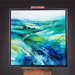Abstrakter Landschaftsdruck der Southdowns National Park in den Farben Blau und Grün
