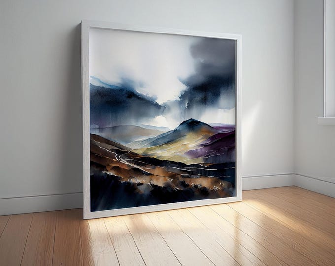 Peak District Watercolor Landscape Print: Abstract Canvas Wall Art