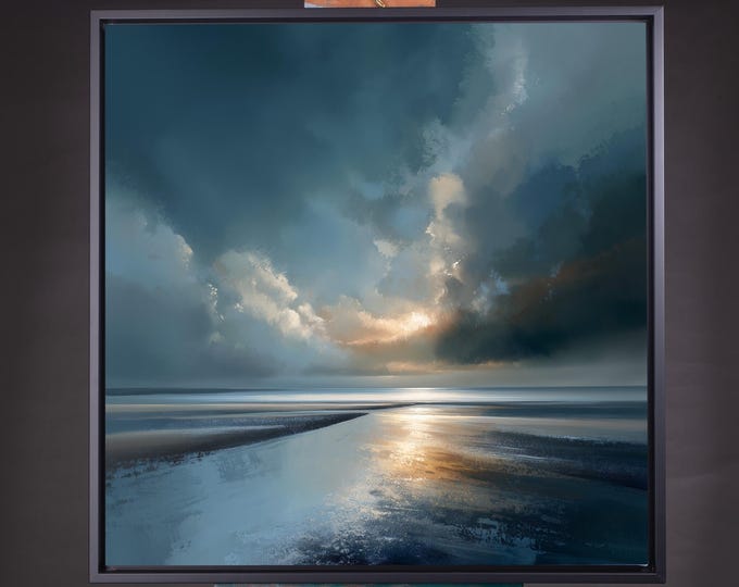Ocean Sunset View Abstract Blue Landscape Canvas Print | Living Room Wall Art
