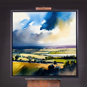 Cotswolds Abstrakte Landschaft - Aquarell Gemälde Große Wand Kunst Druck, Cotswold Landschaft