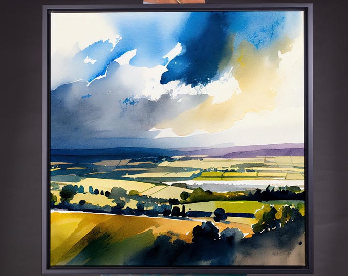 Cotswolds Abstract Landscape Print - Watercolour Painting Large Wall Art Prints, Large Cotswold Landscape Painting,