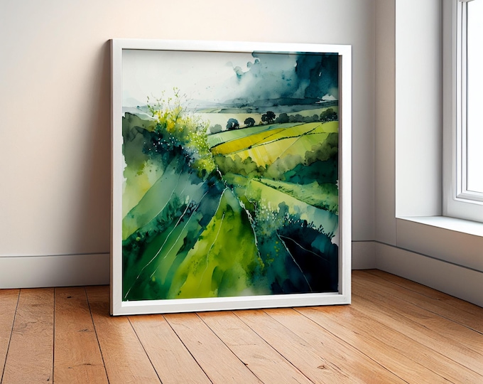 Southdowns Abstract Landscape Watercolour Painting - Large Watercolour Paper Prints and Canvases