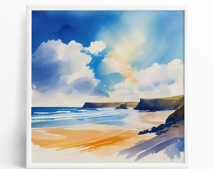 Watergate Bay Beach Abstract Landscape Seascape Print on Watercolour Paper or Stretched Canvas of Watergate Bay