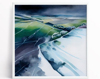 Frosty Morning Abstract Landscape Watercolour Painting of the Southdowns - Fine Art Print of the Southdowns