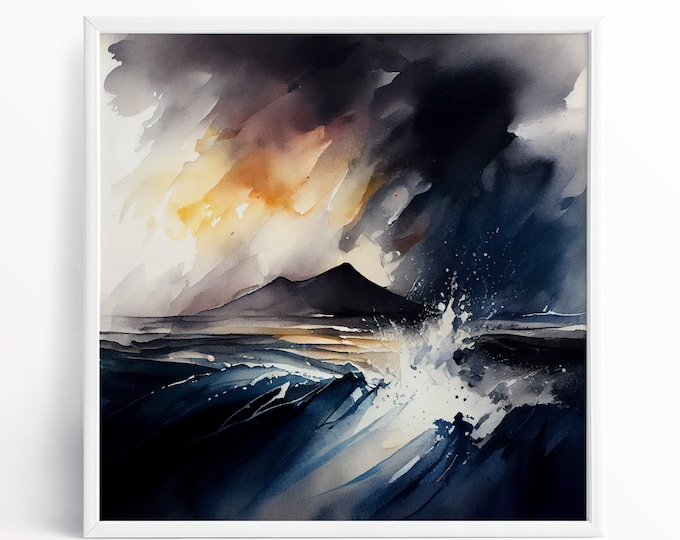 Stormy Seas Watercolour Prints and Canvas Prints Watercolour Ocean Painting Large Abstract Sea Painting Dramatic Seascape