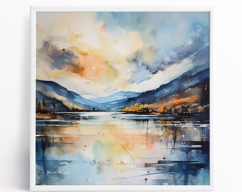 Lake District Landscape Abstract Watercolour Painting Large Wall Art Prints, Lake Extra Large Painting, Wall Art