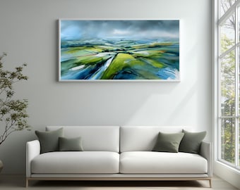 Southdowns Abstract Landscape Green Living Room Wall Art | Blue Accents Home Decor