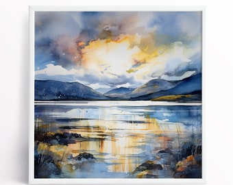 Lake District Landscape Abstract Watercolour Painting Large Wall Art Prints, Lake Extra Large Painting, Wall Art
