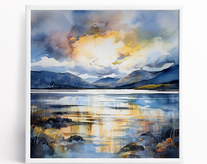 Lake District Landscape Abstract Watercolour Painting Large Wall Art Prints, Lake Extra Large Painting, Wall Art