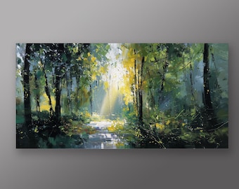 Woodland Light Impressionist Green Yellow Living Room Art | Tranquil Nature Decor