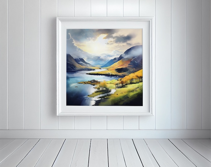 Wastwater Lake District Landscape Abstract Watercolour Painting Large Wall Art Prints, Lake Extra Large Painting, Canvas Prints