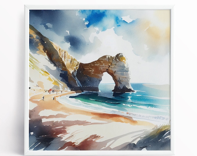 Durdle Door Abstract Landscape Print on Watercolour Paper Painting of Durdle Door in Dorset