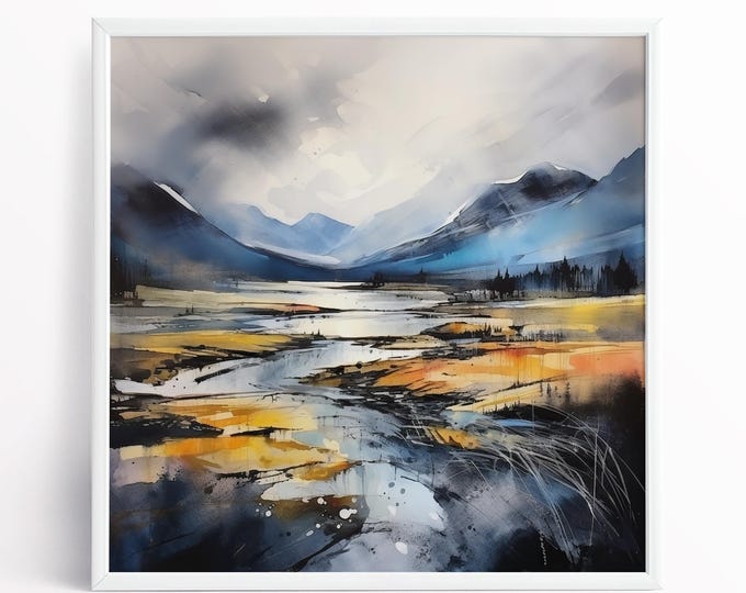 Peak District Abstract Blue Landscape Living Room Wall Art, Modern Home Decor