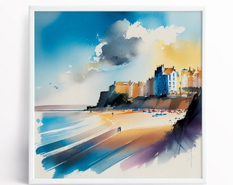 Tenby Wales Watercolor Painting: Abstract Landscape Art Print