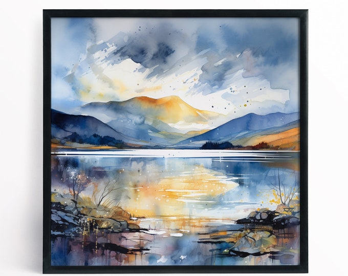 Lake District Landscape Abstract Watercolour Painting Large Wall Art Prints, Lake Extra Large Painting, Wall Art