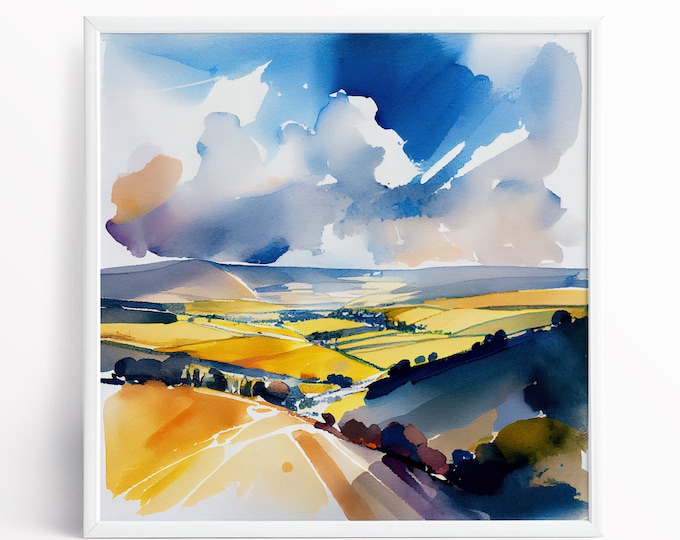 Abstract Landscape Watercolour Painting, Large Wall Art Prints, South Downs Countryside, Extra Large Painting, Firle