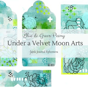 Printable Blue & Green Peony Junk Journal Ephemera Digital Download Kit DKBGP/EPHM/022023