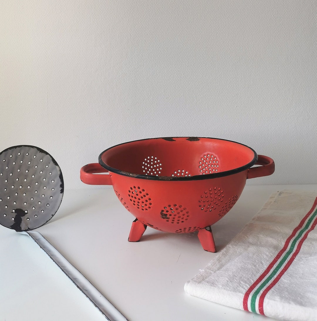 Red Vintage Colander, French Enamel Footed Colander for Retro Kitchen