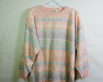 Vintage 80s pullover long sleeve geometrical pastel color kitsch sweater entourage pink duck - #B6