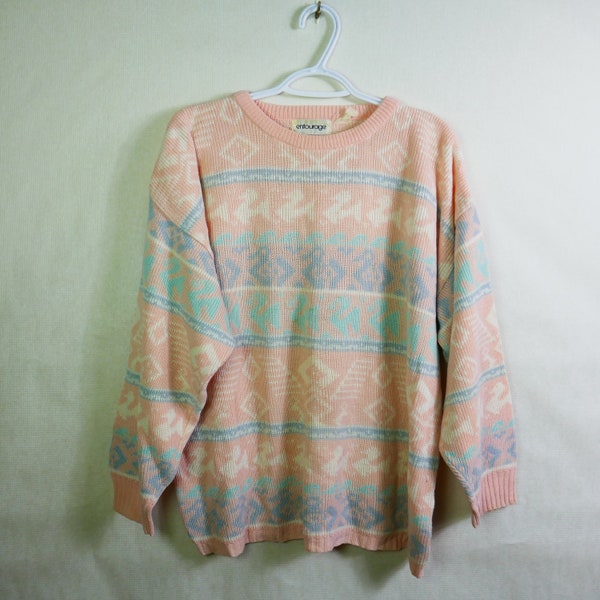 Vintage 80s pullover long sleeve geometrical pastel color kitsch sweater entourage pink duck - #B6