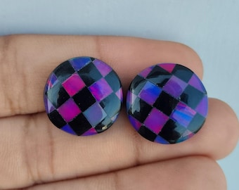 Aurora Opal , Black Onyx Cabochon Handmade Checkerboard Gemstones Round (16mm) For Jewelry making