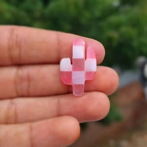 May include: A pink and white checkered cactus charm. The charm is made of resin and has a glossy finish.