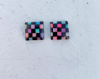 Aurora Opal , Black Onyx Handmade Checkered Square Calibrated Cabochon Gemstone For Jewelry making