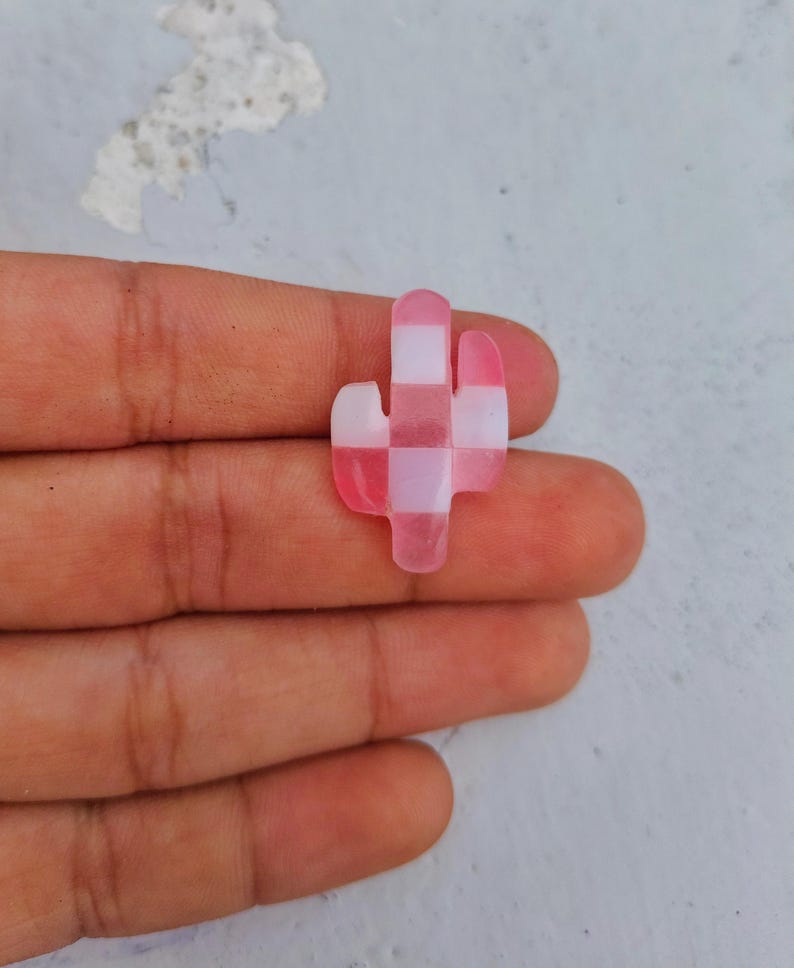 May include: A pink and white checkered cactus charm. The charm is made of resin and has a glossy finish.