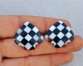 Handmade Checkered Spade Cabochon: Black Onyx & White Opal Gemstone Beads