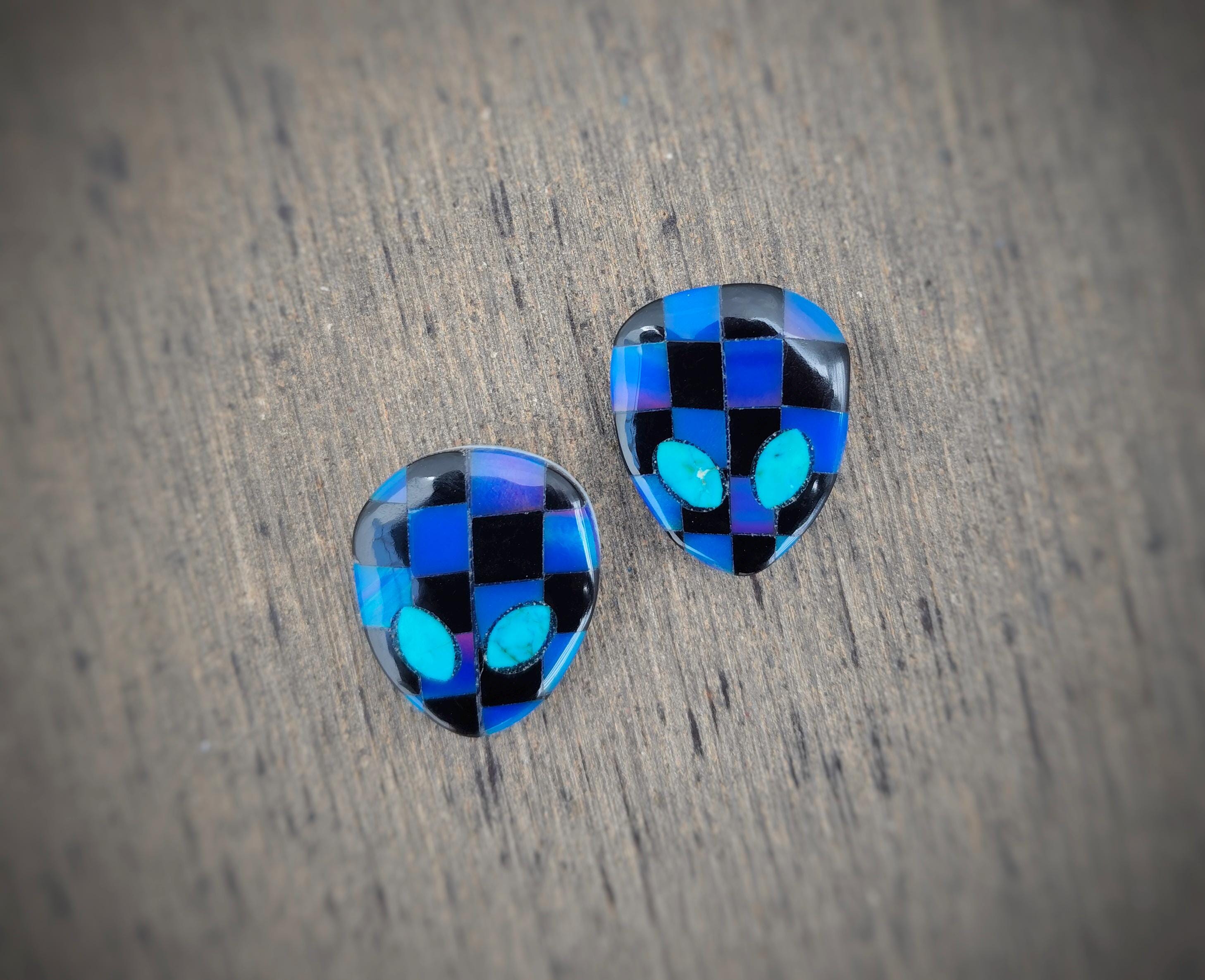 Aurora Opal, Black Onyx Checkerboard Handmade Alien Face Jewelry