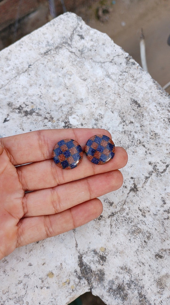 Red and Blue Sunstone Cabochon Pair: Checkered Round Gemstones