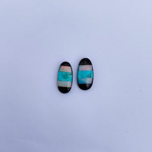 Op de afbeelding: Een paar ovale oorbellen met een zwarte achtergrond en turquoise, witte en roze strepen.
