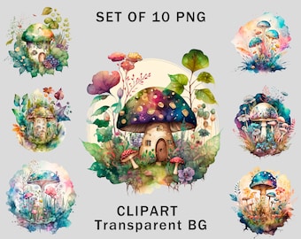 Watercolor Mushrooms Clipart Bundle, Cute Nature Art, Set of 10, PNG, Digital Download, Magic Mushroom Stickers