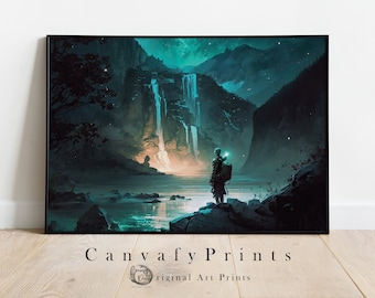 Fantasy Art Painting Print, Landscape Printable, Mountain Waterfalls Poster, Wall Art, Digital Download, Home Decor