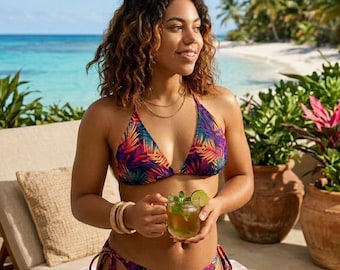 Women's String Bikini | Orange Fuchsia Tropical Palm | Tie Side Set