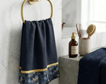 Hand Towel 16x28 | Navy Blue Gold Honeycomb | Geometric Bathroom Decor Accent
