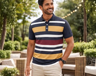 Men's Rugby Polo Shirt | Yellow Maroon Navy Striped | Stretch Casual