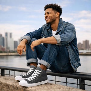 Men's Dark Gray Canvas High-Top Sneakers: Urban Streetwear