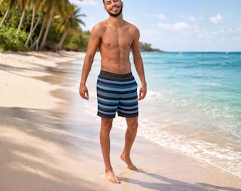 Calção de banho masculino | Listras horizontais azul e preta | Short de praia de secagem rápida