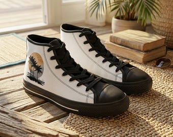 High Top Sneakers | White Canvas Black | Palm Sunset Graphic Shoes