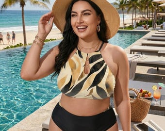 Plus Size Bikini Set | Black Gold Abstract | Halter Swimsuit