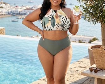 Plus Size Bikini | Green Tropical Foliage | High Waist Halter Set