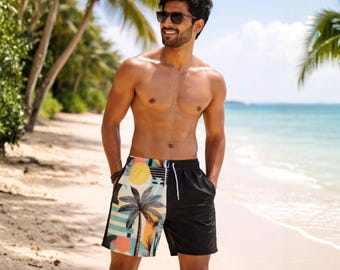Men's Swim Trunks | Black Retro Tropical Print | Asymmetric Palm Tree