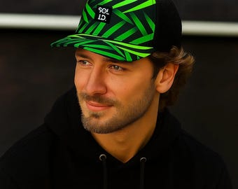 Men's Trucker Hat | Neon Green Tropical Leaf | Snapback Graphic Cap