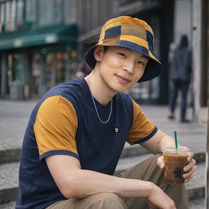 Men's Reversible Bucket Hat | Geometric Patchwork Indigo Gold Brown | Two-in-One Sun Hat