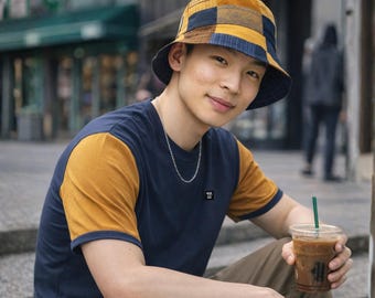 Men's Reversible Bucket Hat | Geometric Patchwork Indigo Gold Brown | Two-in-One Sun Hat