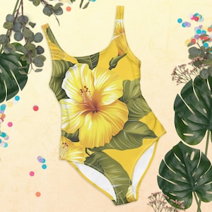 Yellow Tropical Flower One-Piece Swimsuit for Women - Stylish Summer Beachwear, Comfortable Swim Outfit, Trendy Vacation Swimwear