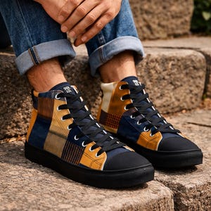 Men's High-Top Sneakers | Patchwork Navy Gold Brown Canvas Shoes