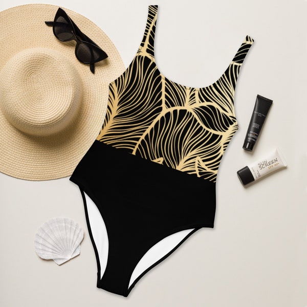 Chic Black Swimsuit | Elegant Gold Leaf Design | Stylish Summer Fashion